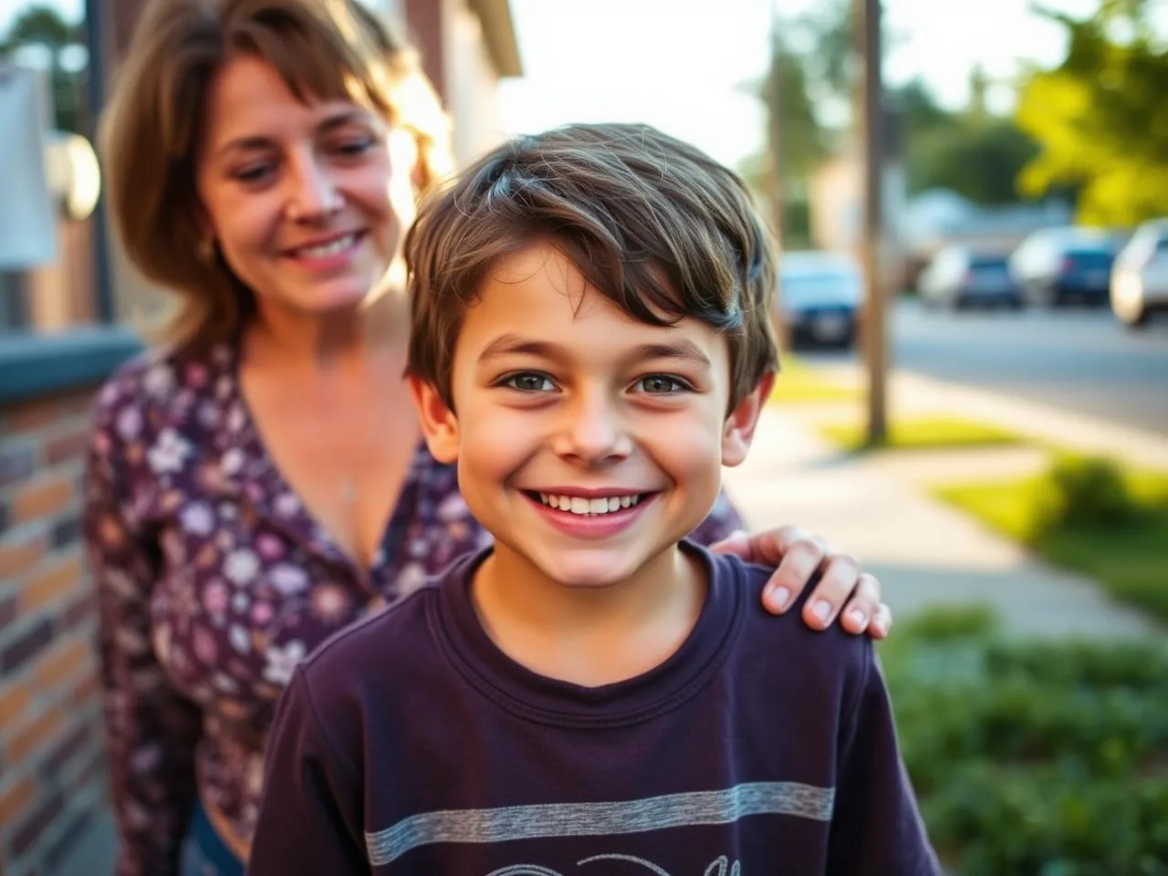 A guardian and a young child smiling together at home